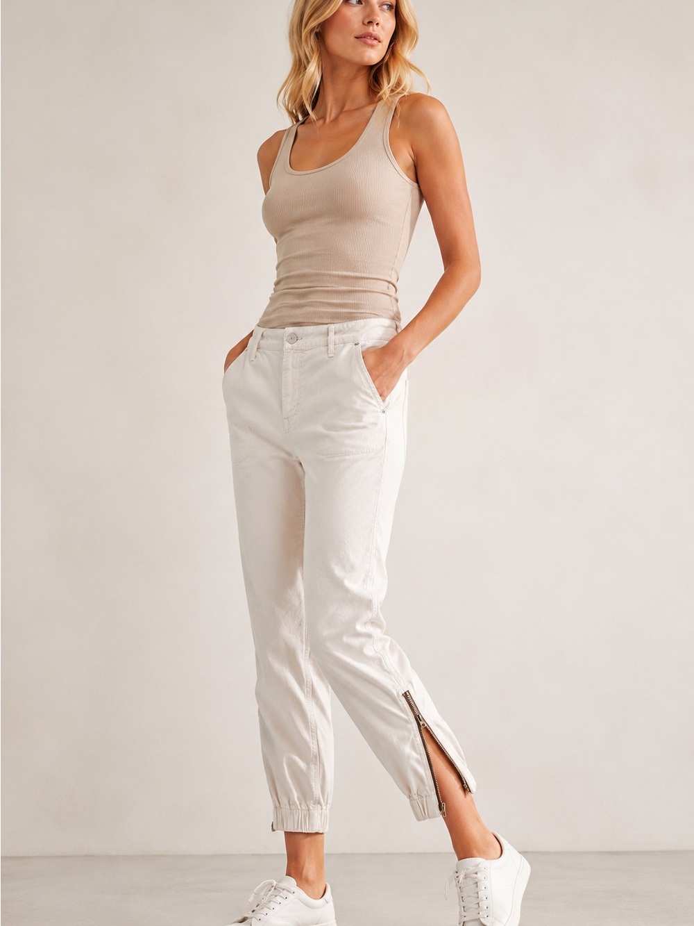 MOTHER Rare Misfit Crop Ankle Zip Jogger Pants Off White 28 Gorpcore Utility